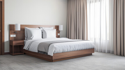 Modern hotel room with elegant bedding and stylish decor. Neutral tones and use of natural light.
