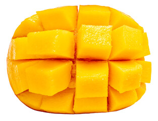 Slices of Red mango on white background, Fresh Japanese Elegant mango fruits “Egg of the Sun” Sugar content of 16 degrees isolate on white PNG File.