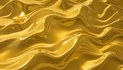 Shiny wavy yellow metallic fluid with reflective chrome mirror water effect creates a textured background backdrop