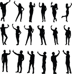 Set of people taking selfie silhouette illustration. Adult self photo pose. Men and women selfie full body in black color.