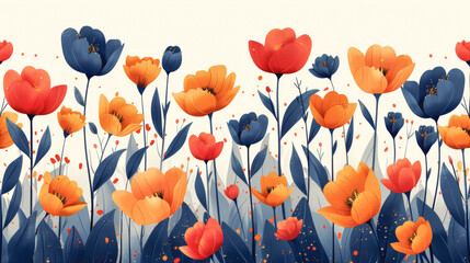 Obraz premium Yellow, blue and red flowers on a white background.