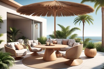 Obraz premium Terrace with outdoor furniture round table chairs gazebo and palm trees Exotic summer patio
