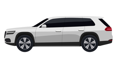 Modern SUV vehicle illustration. SUV automobile in side view. Sleek white car with dark tinted windows and black rims.