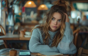 distressed woman at a restaurant, crying and looking at her phone, an empty table nearby