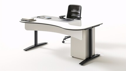 Modern office desk with a curved design, black chair, and organized workspace featuring books and a phone against a white background.