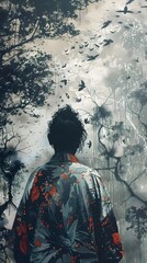 Fototapeta premium Atmospheric Chalk Art Landscape with Beech Trees and Crawling Beetles Amid Oversized Streetwear Fashion Silhouettes
