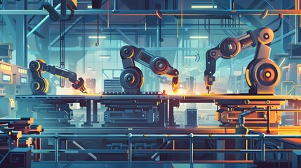 A robot factory with three robots working on a conveyor belt