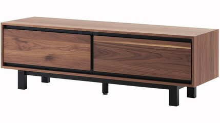 Modern wooden TV stand with sleek black legs and ample storage space. Ideal for contemporary living rooms and media centers.
