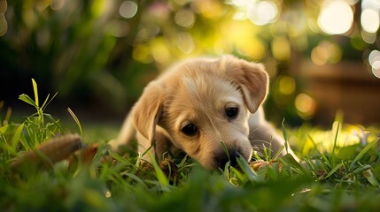 A small dog is laying in the grass, looking at the camera