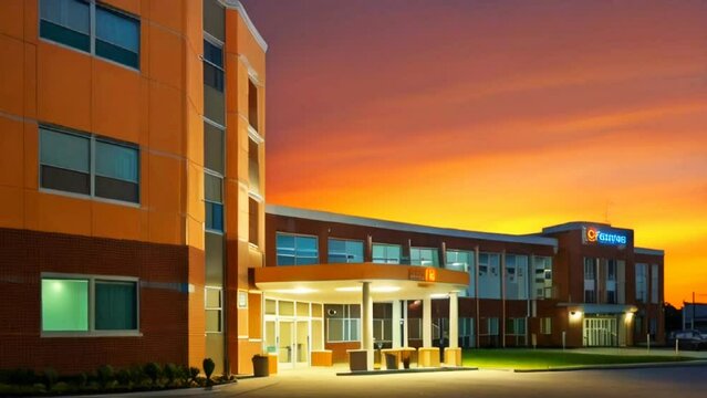 hospital building with sunset background with smooth looping video.