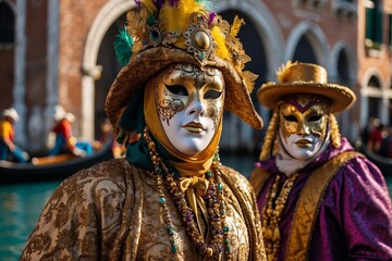 Obraz premium The masked people in Venice for the days of Mardi gras and the Carnival. AI generated