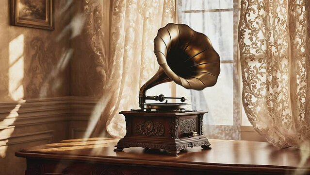 Antique gramophone perched on a table, evoking timeless elegance and classic charm