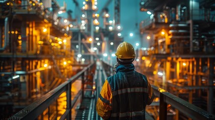 Fototapeta premium Industrial worker with hard hat in illuminated factory setting at night with machinery and lights