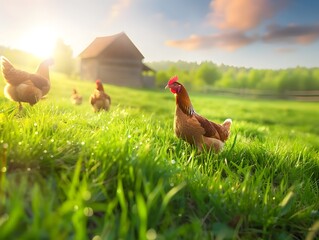 Fototapeta premium A group of chickens are standing in a grassy field