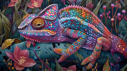 An intricate drawing of a chameleon blending into its colorful surroundings.