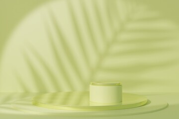 Summer product display podium with leaf shadow yellow wall background. 3D illustration