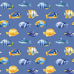Marine seamless pattern with fish. Hand drawn watercolor background of sea fish Design for fabric, textile, wallpaper