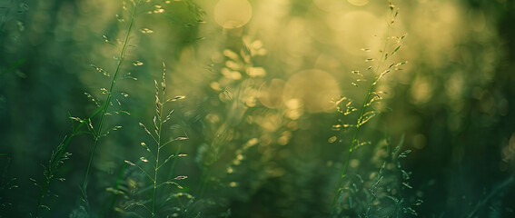 Obraz premium Beautiful blurred background of lush green grass in the meadow. Nature banner with copy space, close up. 8k, real photo, photography in the style of nature.