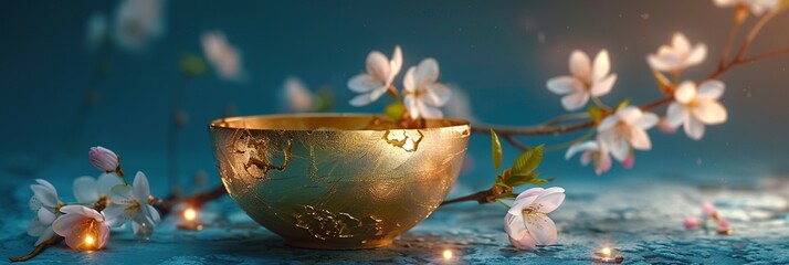a gold cup with cherry flowers on blue background