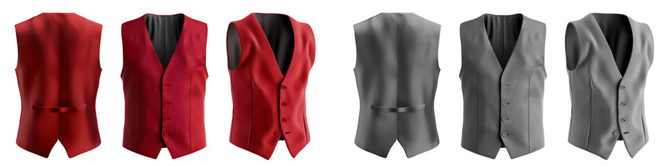2 Set of red maroon grey gray tailored smart suit vest button waistcoat coat, front back side view on transparent background cutout, PNG file. Mockup template for artwork design