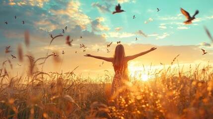 A person is standing on the beach with his arms outstretched, surrounded by a flock of birds. The scene is serene and peaceful, with the man and birds both enjoying the beauty of the sunset
