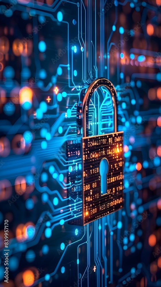 Poster cybersecurity digital lock and binary code background secure and high tech design concept
