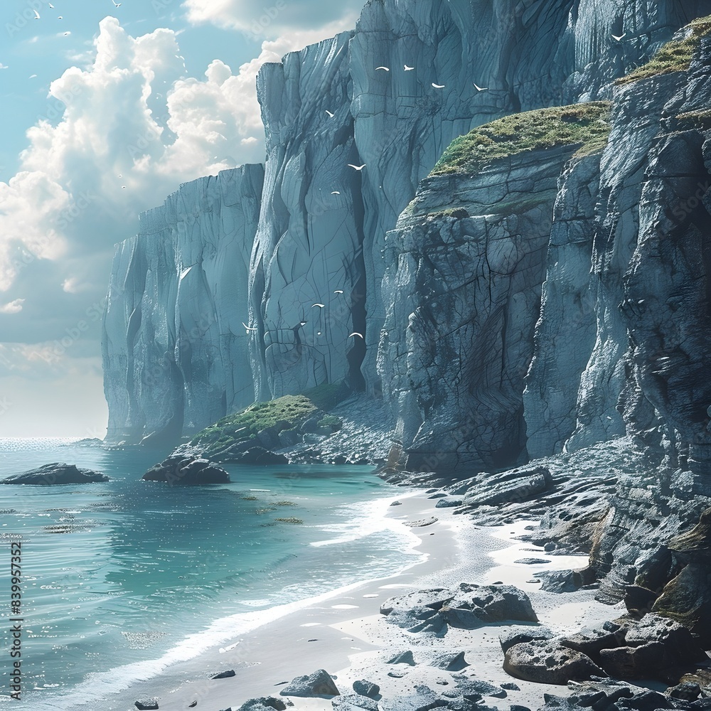 Poster Dramatic Coastal Cliffs with Crashing Waves and a Hidden Secluded Beach Landscape