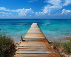 Obraz premium Tranquil Beachfront Boardwalk Leading to the Vibrant Turquoise Ocean Horizon