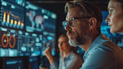 Business Team Strategizing with Digital Analytics in Modern Office Environment