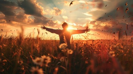 Fototapeta premium A person is standing on the beach with his arms outstretched, surrounded by a flock of birds. The scene is serene and peaceful, with the man and birds both enjoying the beauty of the sunset