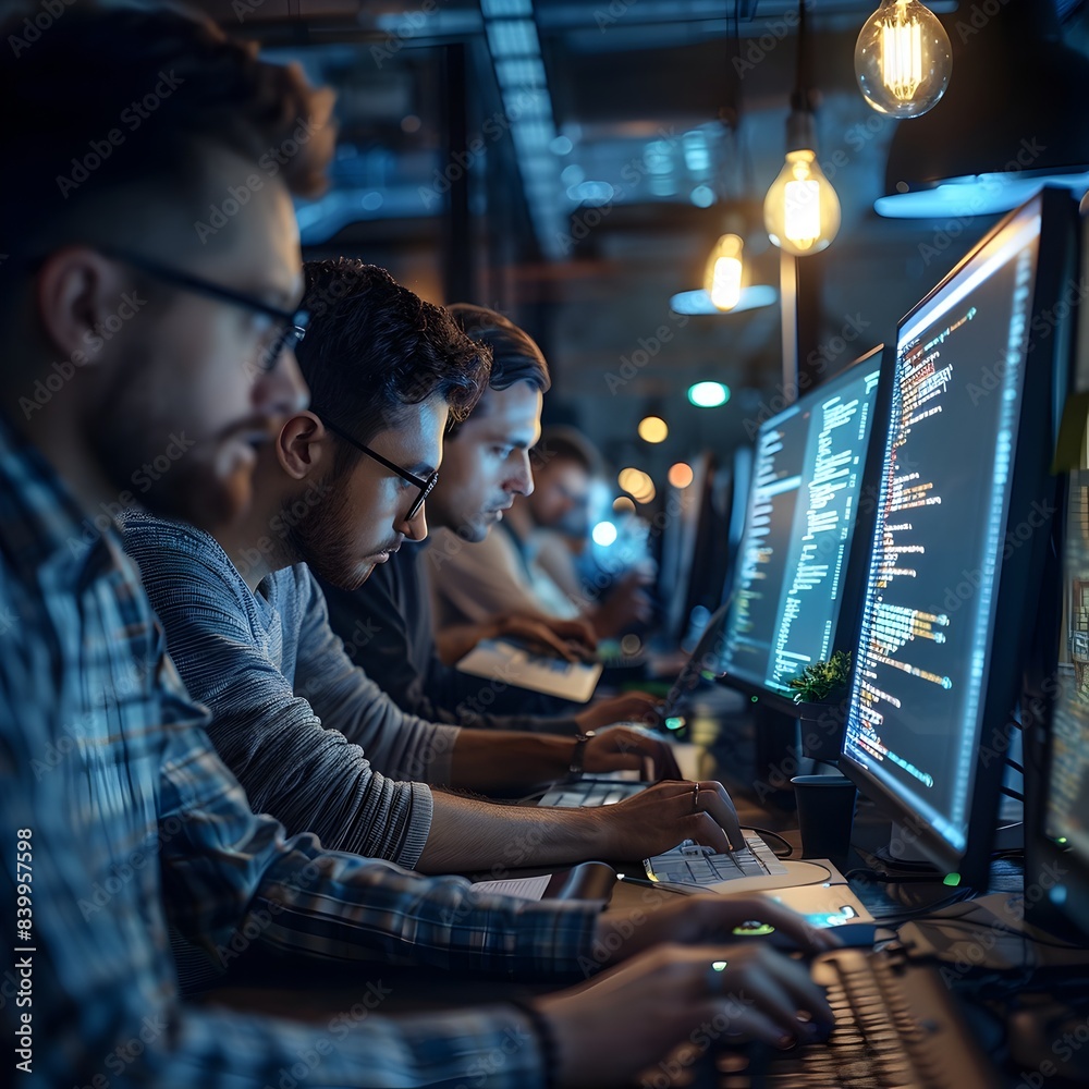 Poster team of developers coding together in collaborative tech environment for business and work