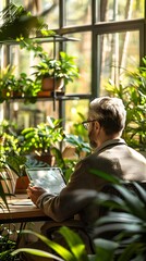 Businessperson Using Tablet for Video Conference in Bright Modern Office with Plants