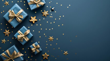Fototapeta premium Minimalistic Blue Gift Boxes and Golden Stars on Dark Blue Background for Festive Celebrations. Flat Lay Composition with Copy Space for Text.