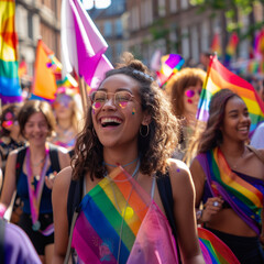 Fototapeta premium LGBTQIA pride parade with vibrant flags and smiling faces