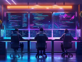 Team of developers collaborating on a software project coding on multiple screens in a high tech workspace