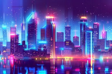 A cyberpunk concept with colorful neon lights creates a futuristic cityscape background.