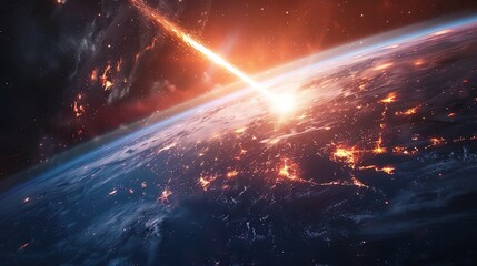 A fiery meteor streaks across the sky, leaving a trail of destruction as it impacts Earth.