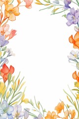 Obraz premium freesia themed frame or border for photos and text. iwith fragrant blooms in various colors. watercolor illustration, white color background. 