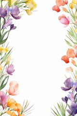 Obraz premium freesia themed frame or border for photos and text. iwith fragrant blooms in various colors. watercolor illustration, white color background. 