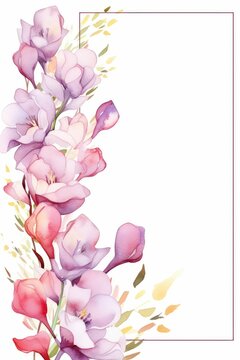 freesia themed frame or border for photos and text. iwith fragrant blooms in various colors. watercolor illustration, white color background. 