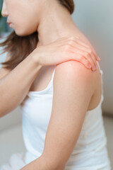 Woman having Shoulder and Neck pain at home. Muscle painful due to Myofascial pain syndrome and Fibromyalgia, rheumatism, Scapular pain, Cervical Spine. ergonomic concept