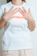 Gastroesophageal Reflux Disease or GERD, Acid reflux disease, Gastro Oesophageal or GORD and Dyspepsia concept. woman having Stomach ache and Esophageal pain due to Digestion system problem