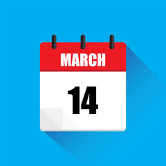 March calendar icon. Date 14 highlighted. Red and white colors. Vector illustration.