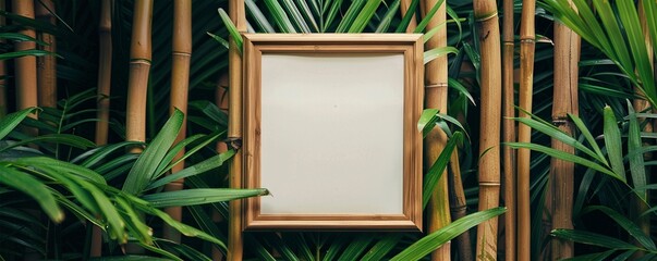 Golden frame surrounded by lush green bamboo and tropical leaves, creating a serene and natural background for your design or message.