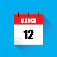 March 12 calendar. Red and white. Blue background. Vector illustration.