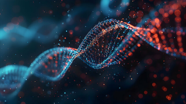 closeup Striking DNA double helix with each strand and spheres clearly visible against a soft dark background.generative ai