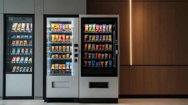 Modern snack machine in a minimalist shopping center interior.generative.ai