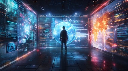 Futuristic Digital Art Gallery with Holographic Guides and Virtual Reality Exhibits