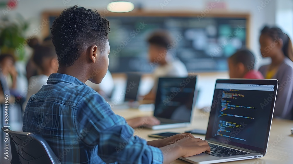 Poster collaborative tech savvy students coding and exploring digital solutions in a learning environment
