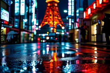 tokyo streets at night with water puddles reflecting a neon glow and bustling crowd